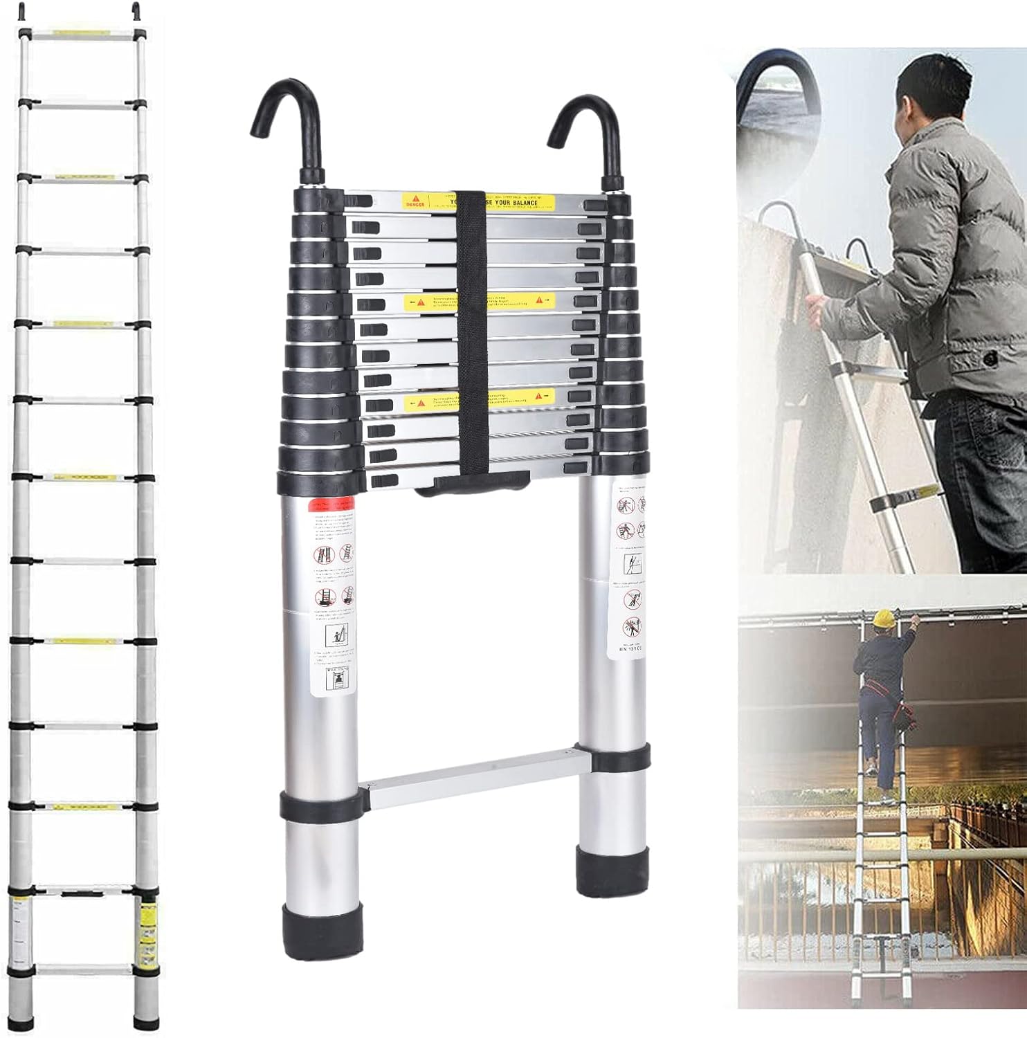 Aluminum Telescoping Ladder 16ft Extension Ladder with 2 Detachable Roof Hooks Folding Ladder Multi-Purpose Compact Telescopic Ladder 330lb Load Capacity Heavy Duty Portable Loft Ladder for Home attic