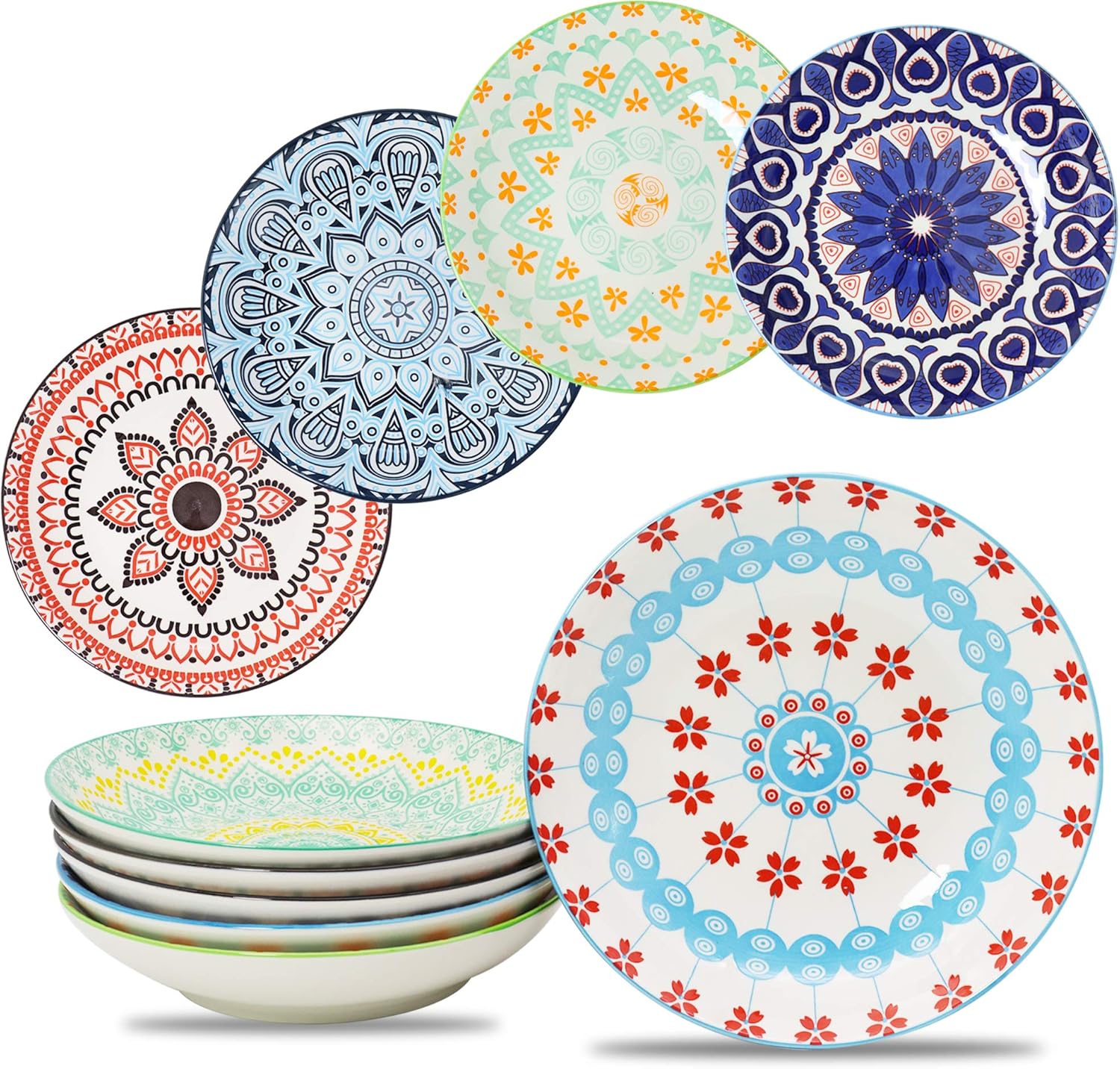 Farielyn-X Large Salad Pasta Bowls Set of 6, Wide and Shallow Porcelain Dinner Bowl/Dishes, 27 oz Assorted Patterns Serving Plates and Bowls for Pasta, Salad, Cereal, Soup, Microwave & Dishwasher Safe
