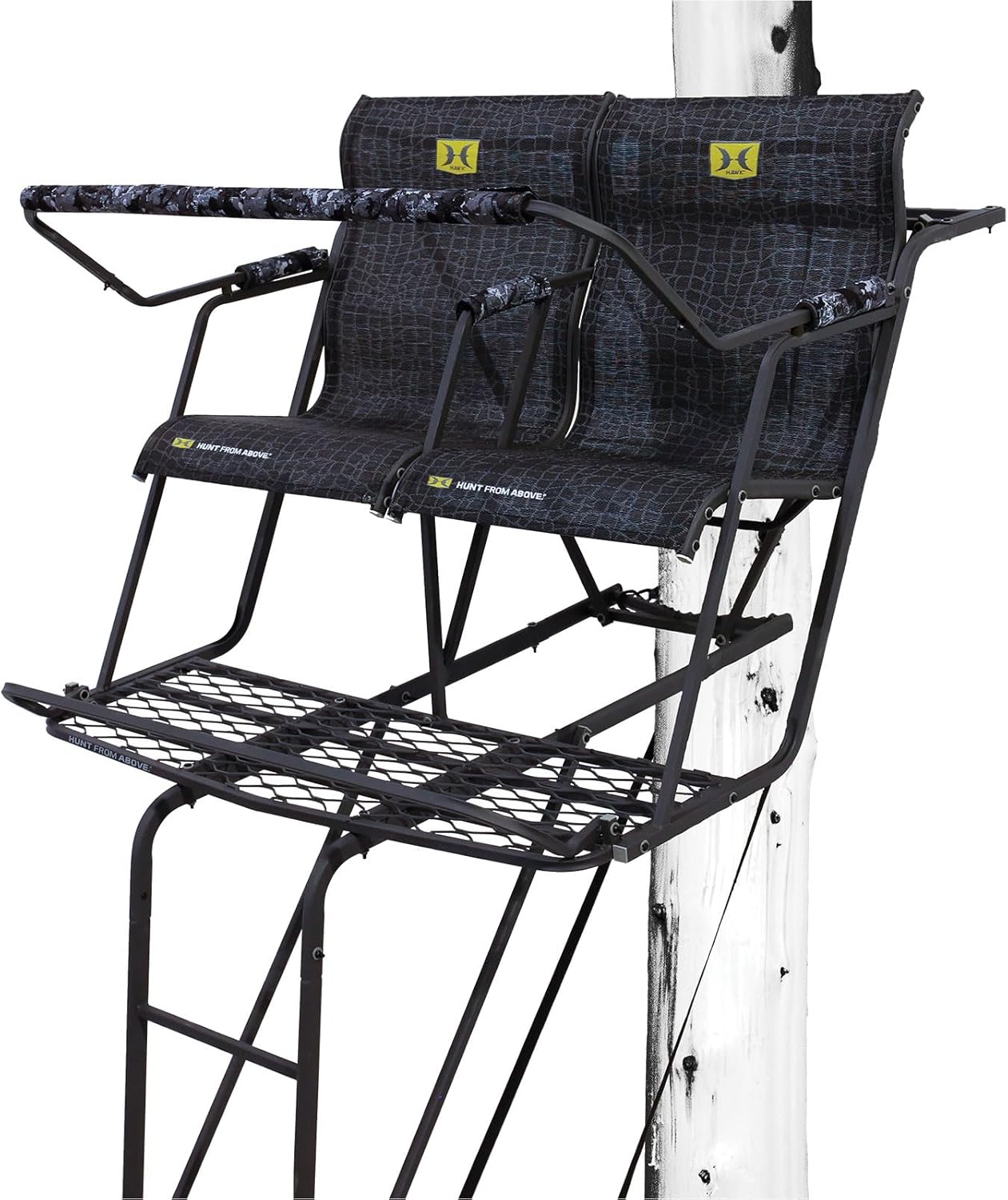 Hawk 18' Big Denali 2-Man Ladder Stand | Durable Hunting Archery 2 Person Steel Tree Stand with 2 Seats, Contoured Backrest, Flip Back Shooting Rail & Integrated Footrest