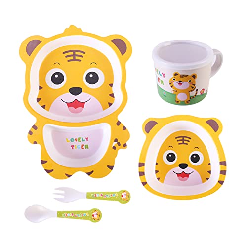 Bamboo Kids Dinnerware Set 5 Pcs Includes Plate Bowl Cup Fork Spoon Perfect for Kids BPA-Free (Chicken)