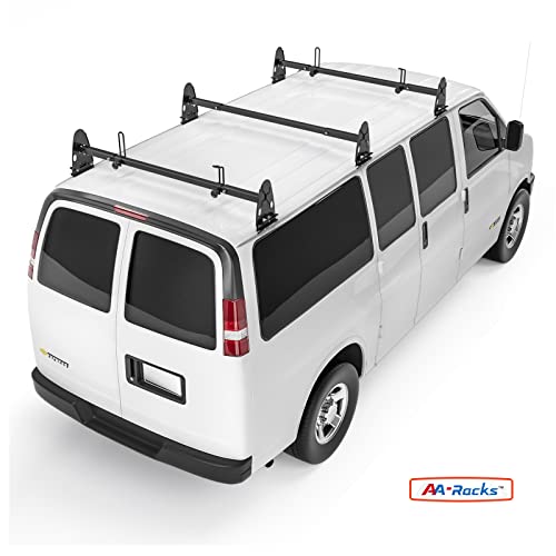 AA-Racks Model X27 Rain-Gutter Van Roof Rack Square 2 Bar Set Steel Rack with Ladder Stoppers (Black)