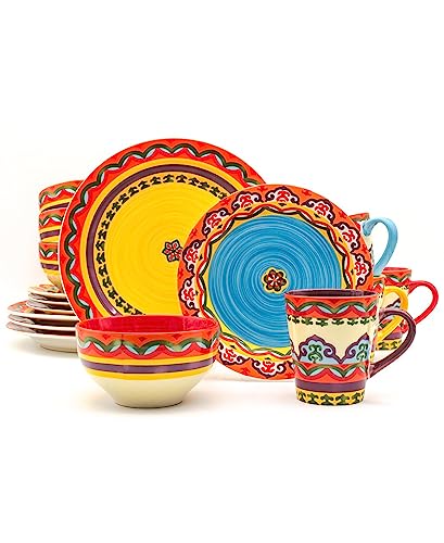 EuroCeramica Galicia Andalusian-Inspired Collection, Pasta Bowls Set of 4, Vibrant Assorted Patterns, Multicolor Design