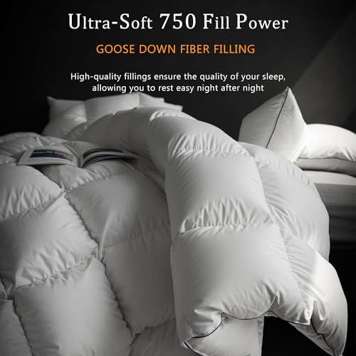 Goose Feathers Down Comforter King Size - Luxury All Season Duvet Insert - Ultra-Soft 750 Fill-Power Medium Warmth - 59 Oz Fluffy Hotel Collection Comforter (White, 106x90)