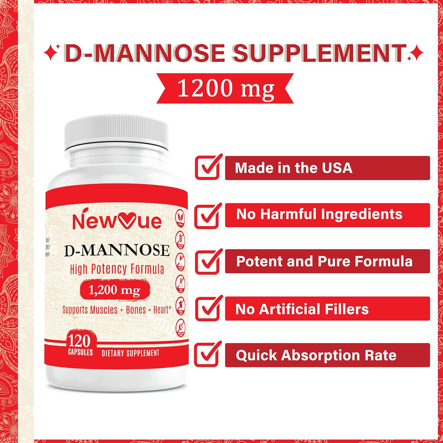 D-Mannose 1,200 mg Fast-Acting, Flush Impurities, Natural Urinary Tract Health- 120 Veggie Capsules by New Vue