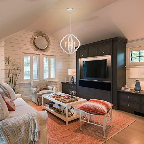 Rustic Farmhouse Chandelier 4 Light White Wood Chandelier Light Fixtures Ceiling Hanging Vintage Orb Farmhouse Pendant Light for Dining Room Living Room Kitchen Entryway Hallway