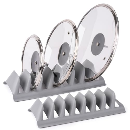 Set of 2 Pot Lid Holder and Plate Dish Rack with 7 Compartments, Plastic Pan Top Organizer, Kitchenware Dividers, Cabinet and Countertop Storage Stand, Space-Saving Design (Cream, 2)