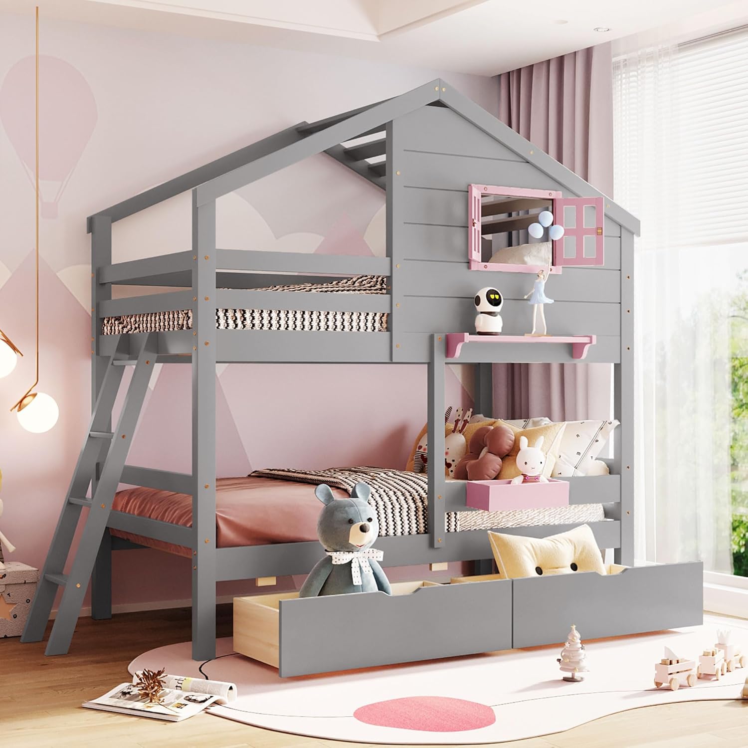 Twin Size House Bunk Bed for 2 Kids, Wooden Bunkbeds with Two Drawers, 1 Storage Box and Shelf, Window and Roof Design, for Boys Girls Teens, Twin Over Twin, Gray