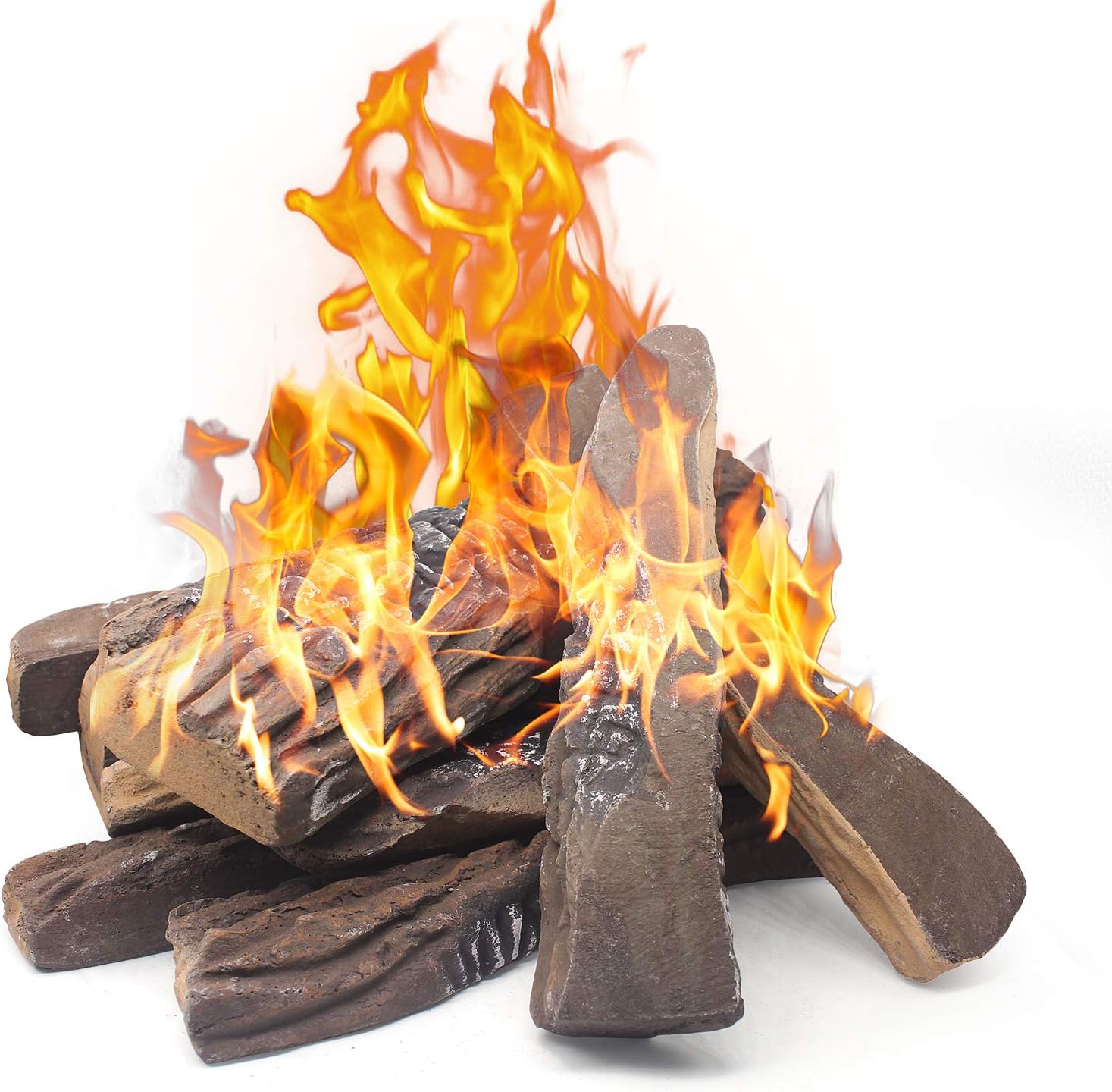 Gas Fireplace Logs,10pcs Large Ceramic Firepit Logs, Decorative Faux Wood Log Set for Indoor Outdoor Gas Insets, Vented,Ventless, Electric,Ethanol,Gel Fireplaces
