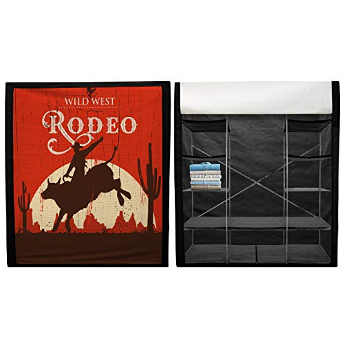 Ambesonne Vintage Portable Fabric Wardrobe, Rodeo Cowboy Riding Bull Wooden Old Sign Western Style Wilderness at Sunset Image, Clothing Organizer and Storage Closet with Shelves, 42.5