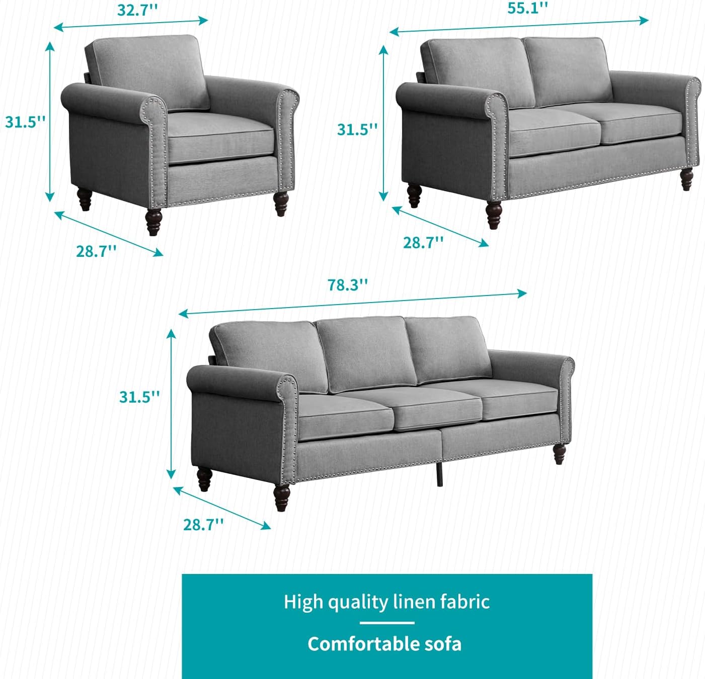 BALUS Living Room Furniture Set, 3 PCS Sofa Couches Set with 5.9