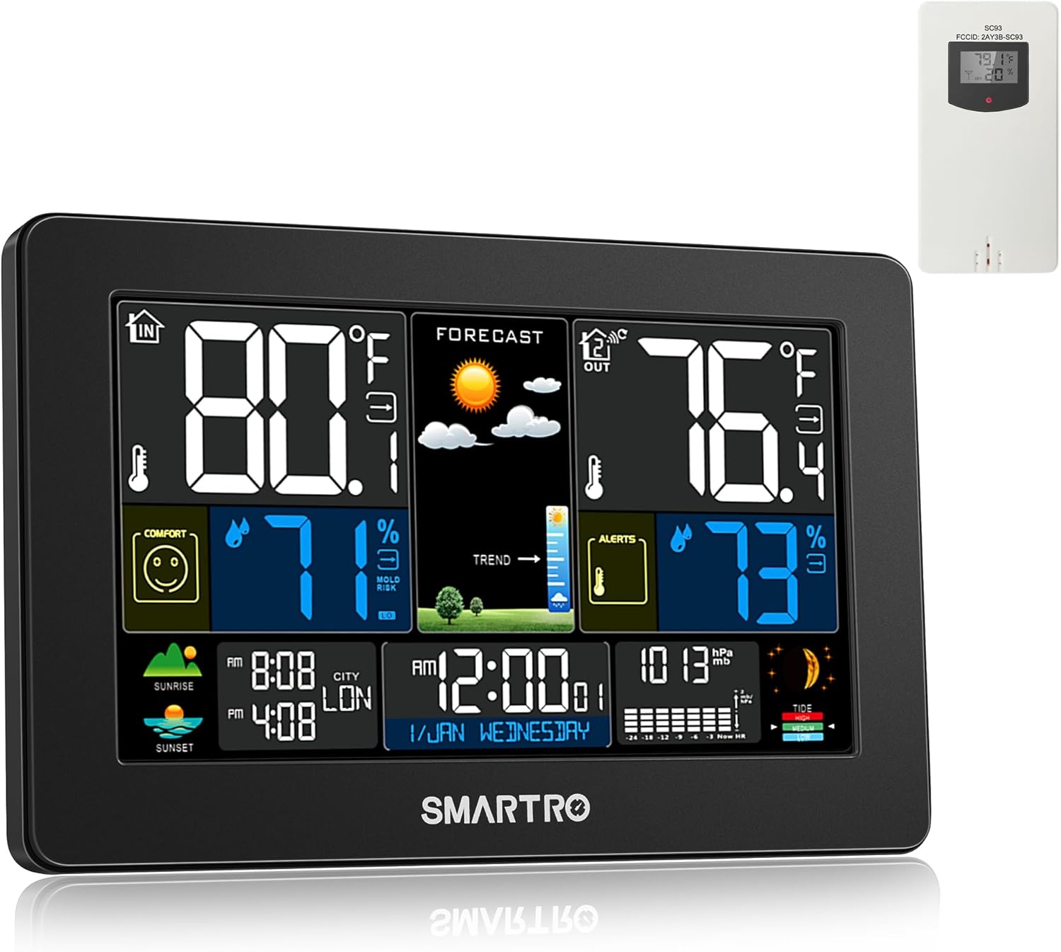 SMARTRO Weather Station Wireless Indoor Outdoor Thermometer for Home, Large Color Display Digital Ambient Weather Clock, Forecast Stations with Barometer, Temperature Humidity Monitor with Moon Phase