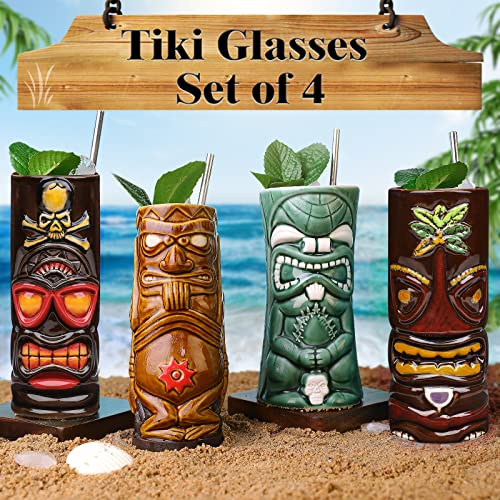 Tiki Mugs Set of 4 — Large Ceramic Tiki Glasses Hawaiian Luau Party Mugs Drinkware Tiki Bar Mugs for Cocktails