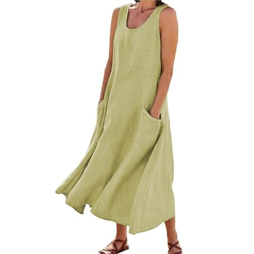 Womens Sun Dress Summer Women Solid Color Round Neck Sleeveless Pocket Comfortable Casual Skirt Long Tank Top Dress