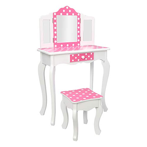 HomVent Kids Vanity, Girls/Toddler/Vanity, Kids Makeup Table Chair Desk Wooden Vanity Set, Dresser with Mirror Drawer and Stool for Little Girls Bedroom,Three Foldable Mirror Princess (C)