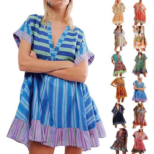 Womens Summer Dress Casual Vintage Floral Boho V Neck Swing Short Sleeve Pleated Ruffle Hem A-Line Beach Mini Dress
