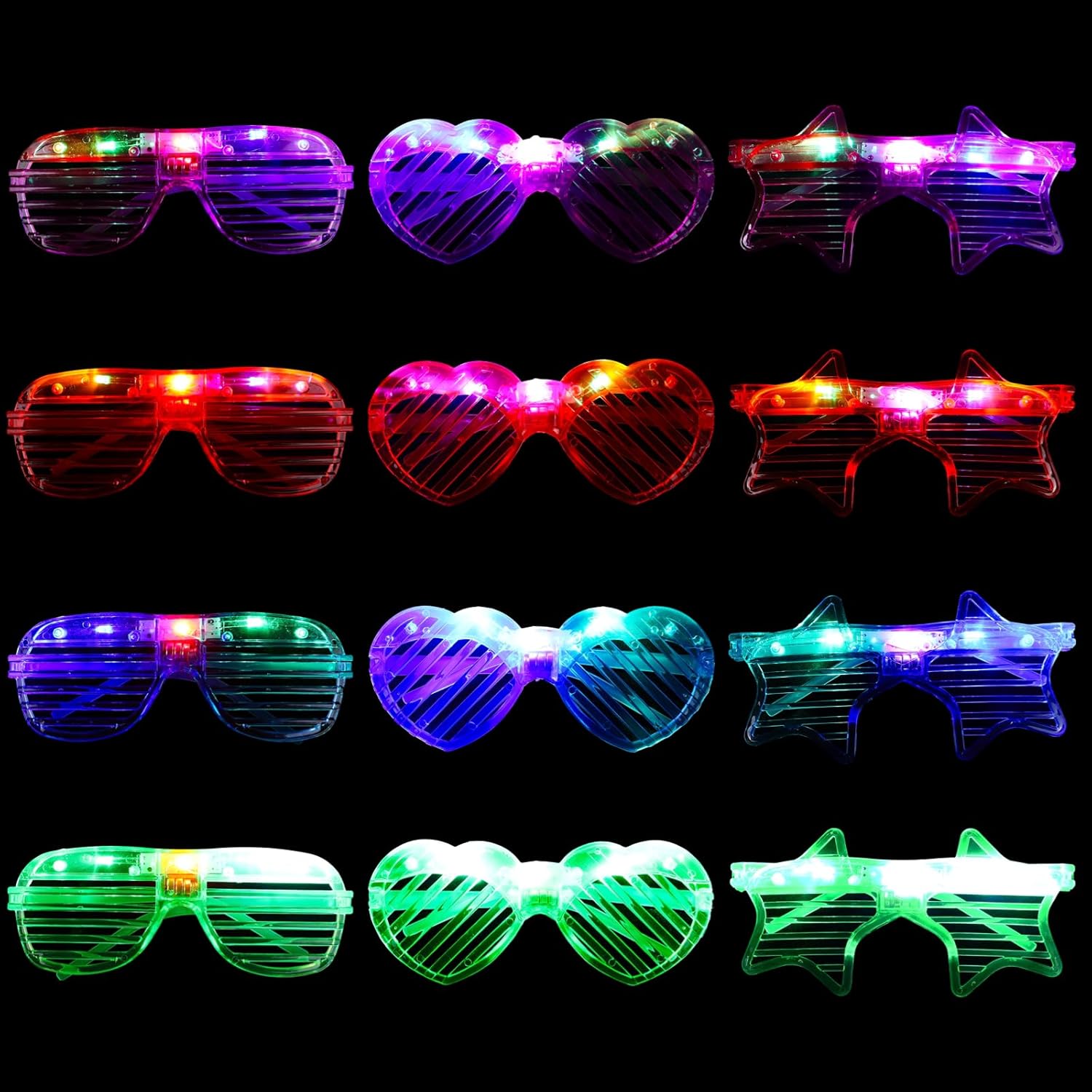 12 Pcs LED Glasses, 3 Shapes Shutter Shades with 4 Colors, Light Up Glasses, Glow in The Dark Neon Party Favors, Flashing Glasses for Adults,Mardi Gras Party Supplies