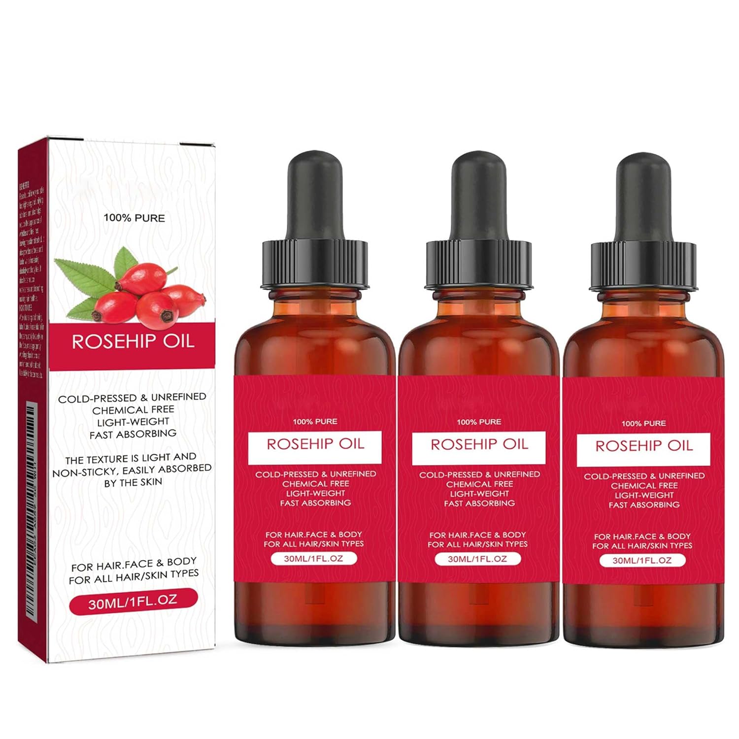 Rose Hip Oil For Body, Rose Hip Seed Oil For Face- Cold Pressed Rose Hip Oil Organic for Face, Hair & Nails (3PCS)