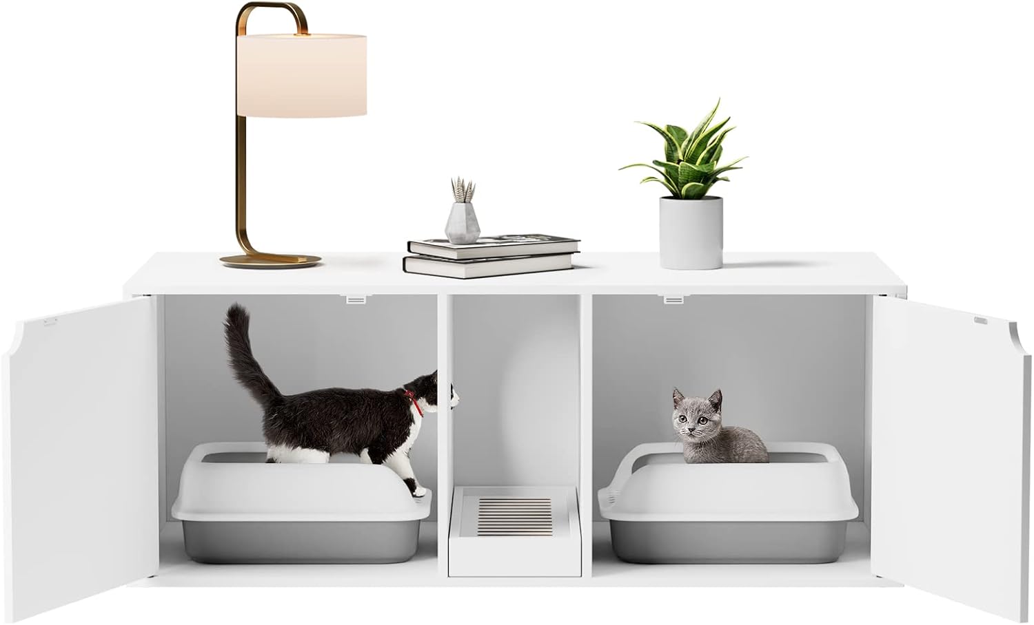 Lovinouse Hidden Cat Litter Box Enclosure Furniture, Cat Washroom with Double Room and Litter Catch, Wooden Cat House Side End Table Nightstand for Indoor (White)