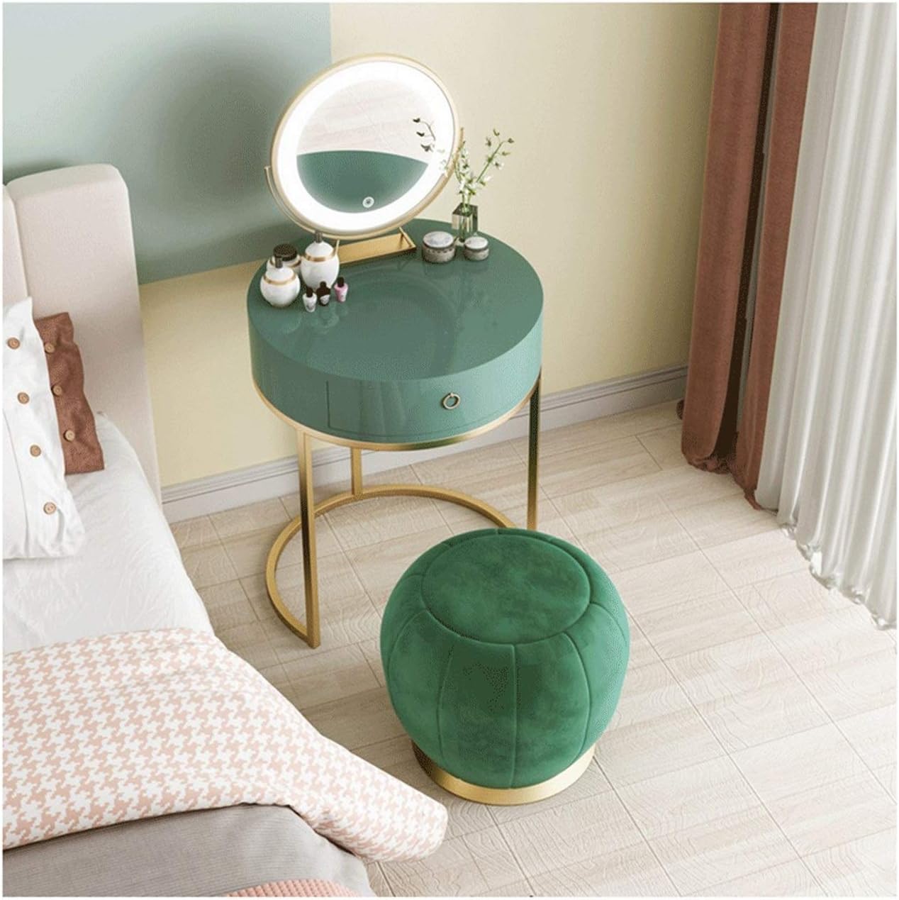 Vanity Table Set Makeup Desk Bedroom Mini Round Bedside Table Integrated Marble Dressing Table Vanity Mirror Stool for Girl