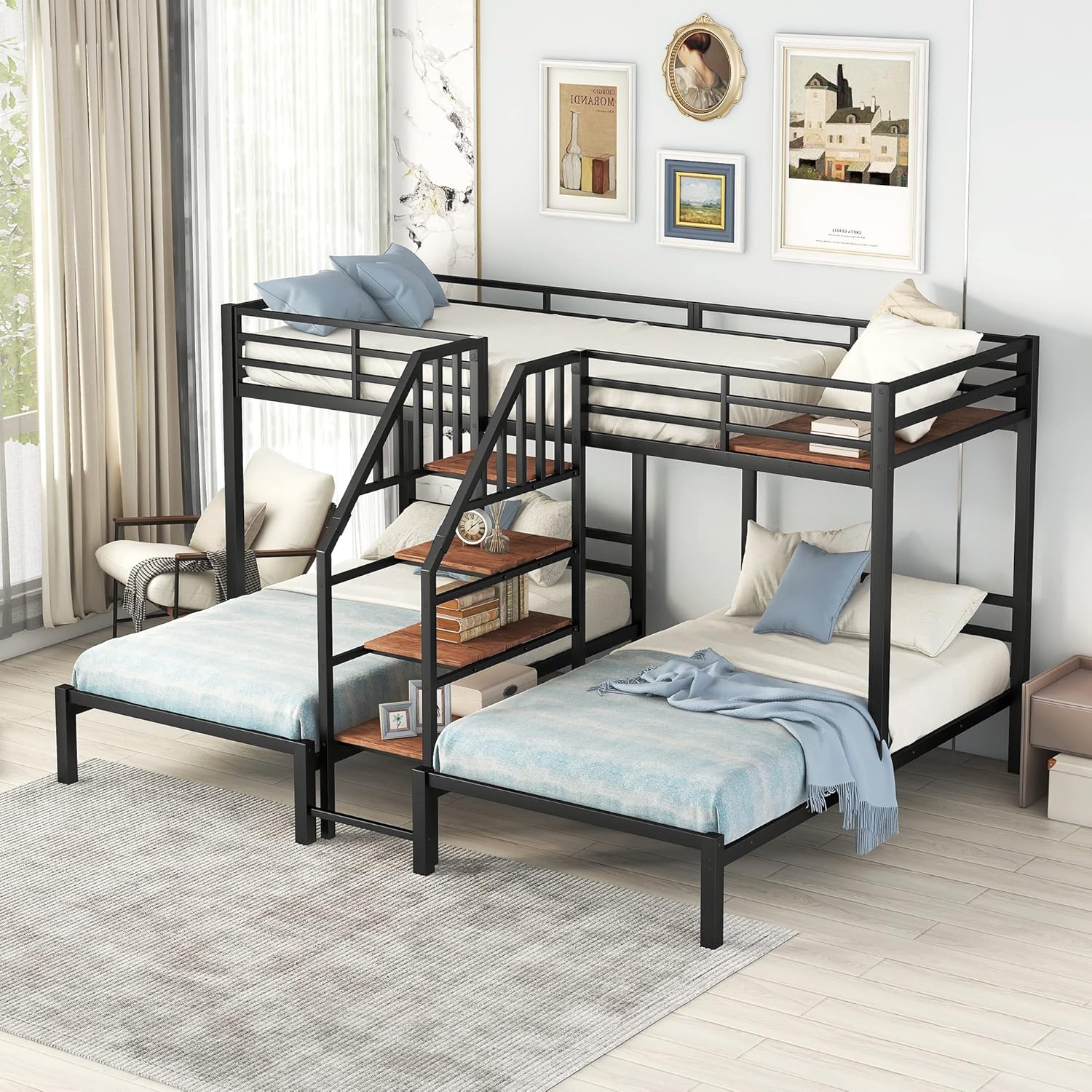 Twin Size L-Shaped Triple Bunk Bed with Storage Stairs, Twin Over Twin & Twin Metal Bed Frame for 3 Kids Teens Girls Boys, Black
