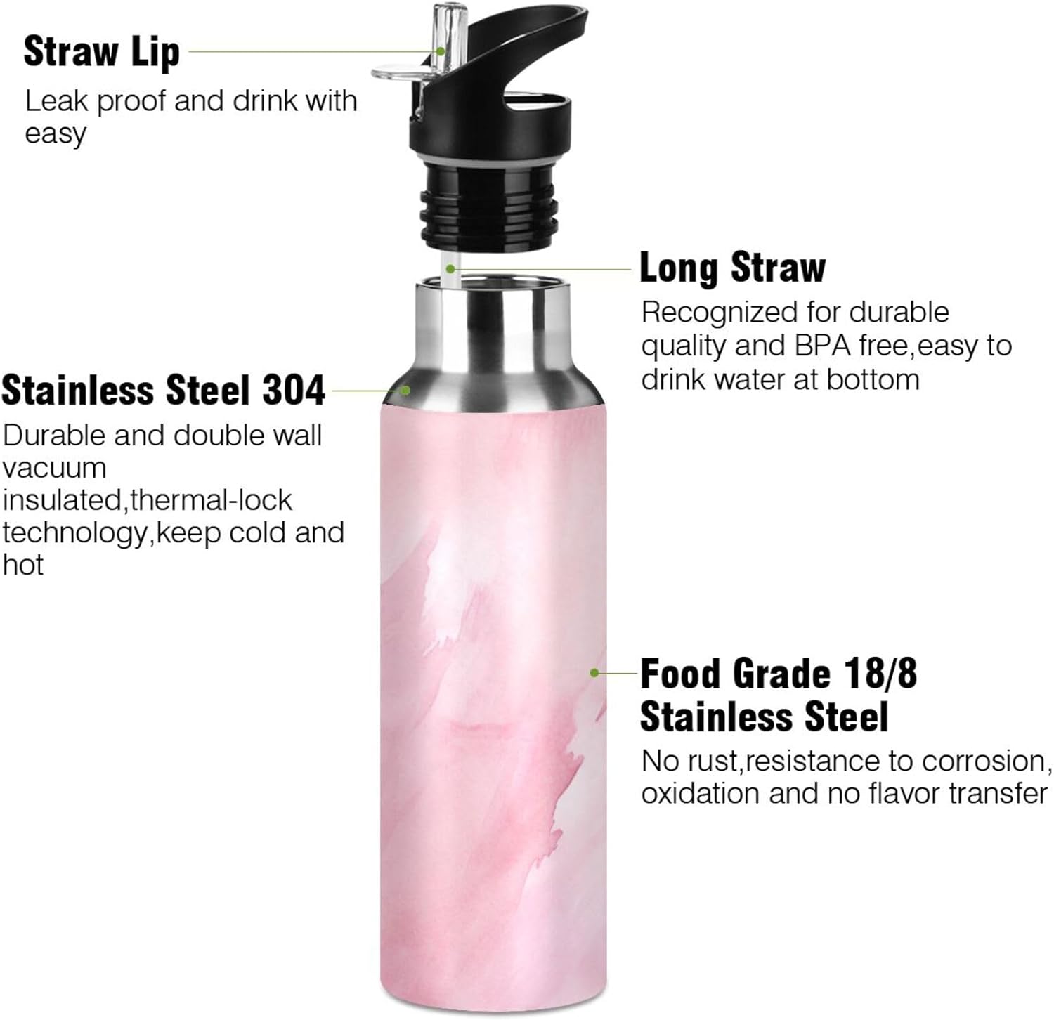 ZOEO Marble Pink Water Bottles Insulated Thermos Kids Stainless Steel Bottle with Straw Lid Flask Leakproof for Sports Gym 20 oz
