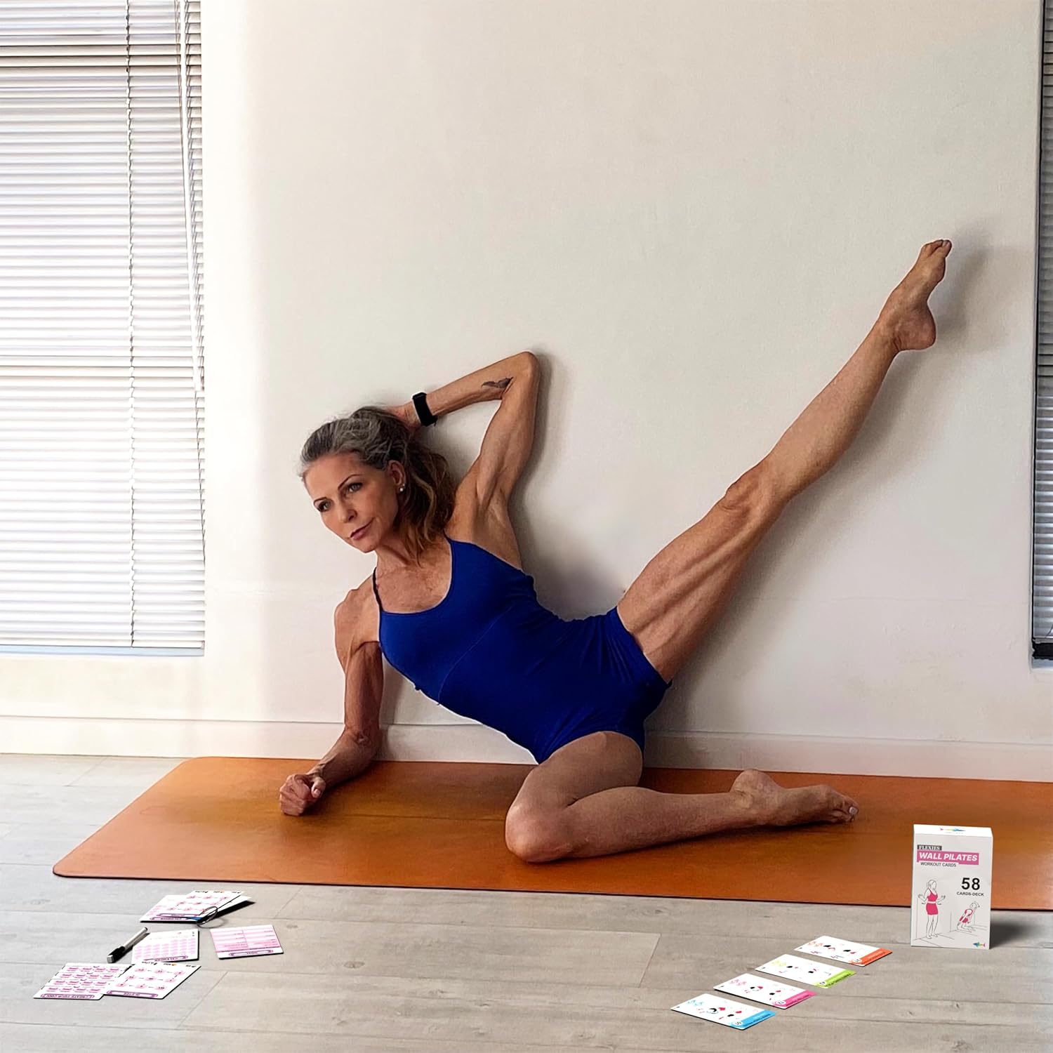 Wall Pilates Workouts For Women - 58 Exercise Cards with Wall Pilates Workout Postures, Instructions & Breathing Tips | Free Ring & Dry-Erase Marker to Create a Customize Wall Pilates Exercise Chart