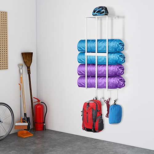 Camping Chair Wall Storage for Garage, Metal Camping Chair Storage Rack Wall Holder, Floating Shelf, 4 Hooks, Stainless Steel, Beach Chair Rack, Umbrella Holder, Garage Chair Organizer, White