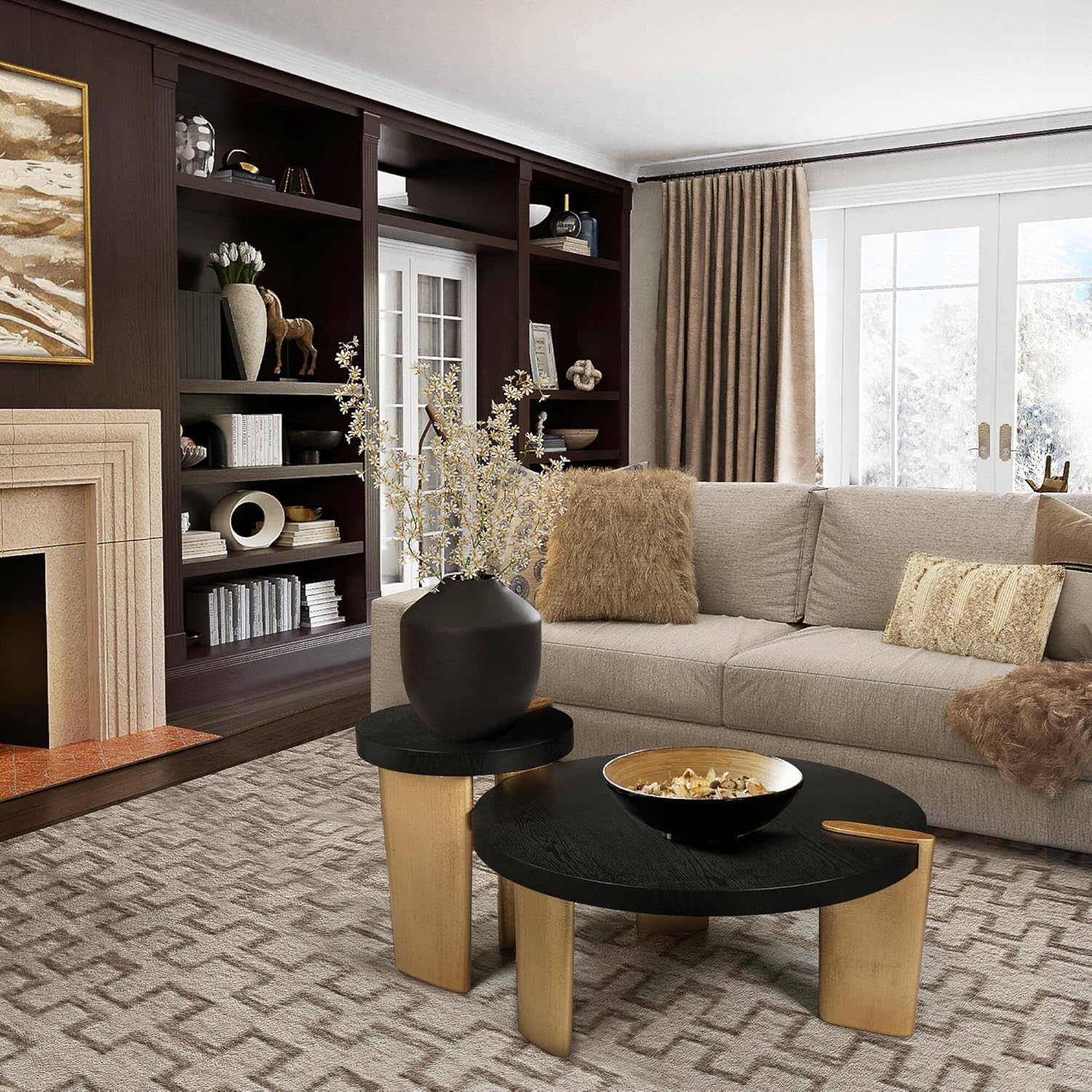 Modern Farmhouse Round Coffee Table Set Oak Solid Wood Gold Legs for Living Room 37