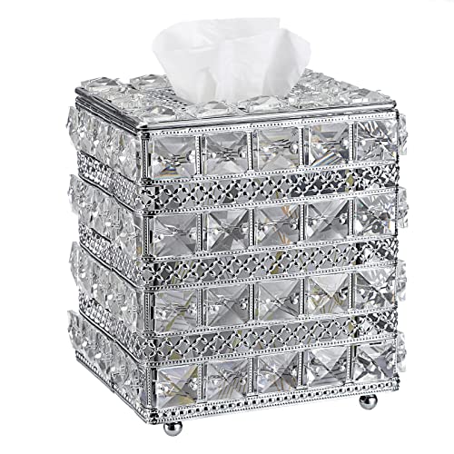 Sumnacon Crystal Square Tissue Box Cover - Sparkling Cube Glass Tissue Box Holder, Decorative Facial Tissue Holder for Bedroom Bathroom Dresser Night Stand Table Countertop Home Decor, Silver