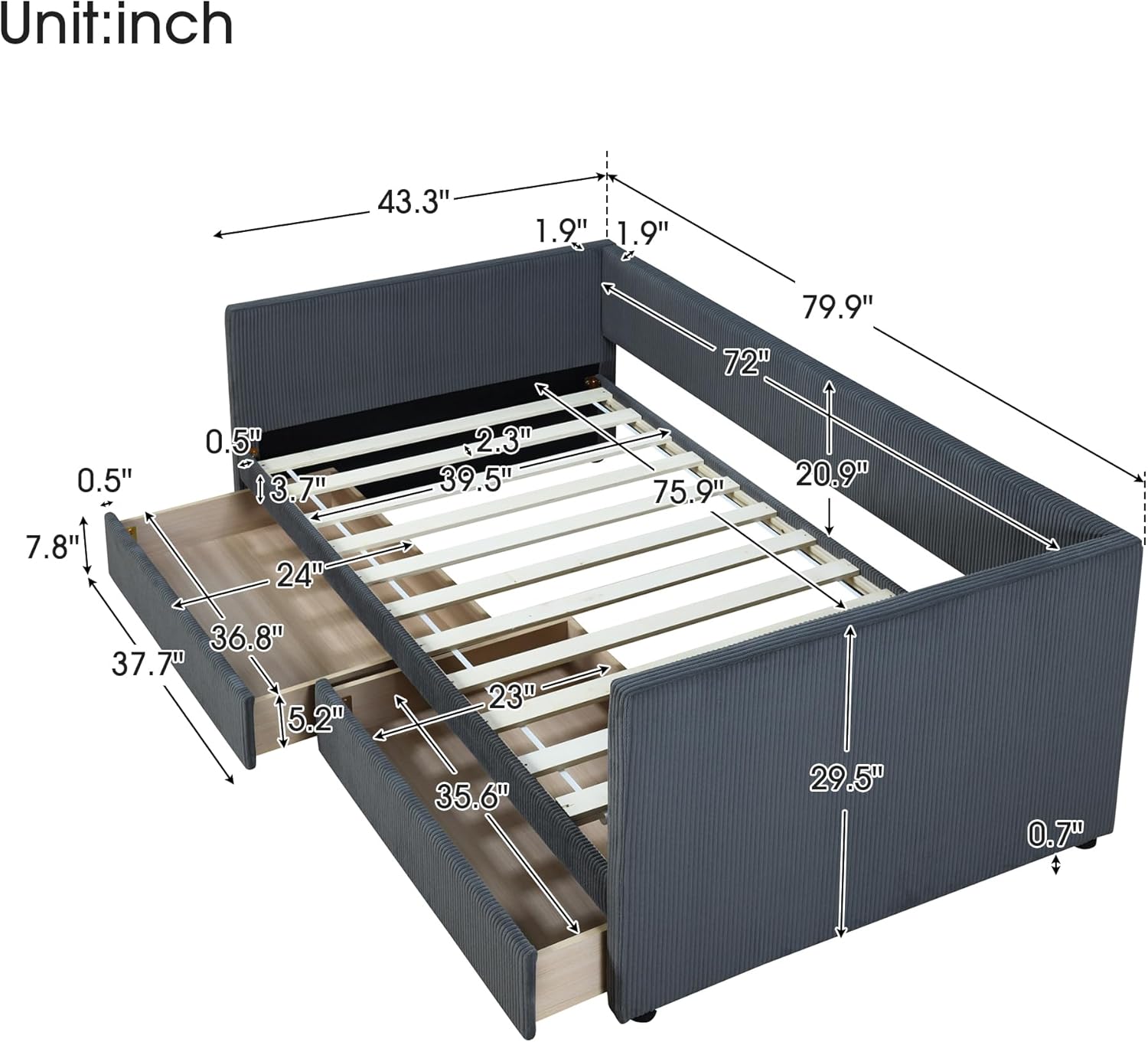 Twin Size Corduroy Pholstered Daybed with Two Drawers,Storage Sofa Bed Frame,W/Wood Slat Support,No Box Spring Needed,for Living Room Bedroom Apartment,Gray