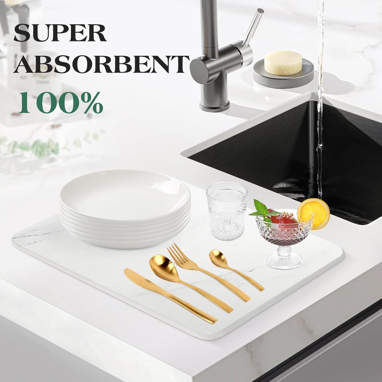 Stone Drying Mat for Kitchen Counter, Super Absorbent, Fast Drying Stone Mat Kitchen, Heat Resistant, Non-Slip Stone Dish Drying Mat, Diatomaceous Earth Dish Drying Mat, (16x12 Inch, White Marble)