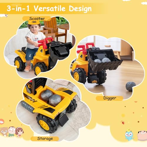 Costzon Excavator Ride on Toy, Ride on Bulldozer Construction Vehicle w/Helmet, 3 Toy Stones, Realistic Sound, Adjustable Bucket & Under Seat Storage, Pretend Play Scooper Gift, Push Car for Kids