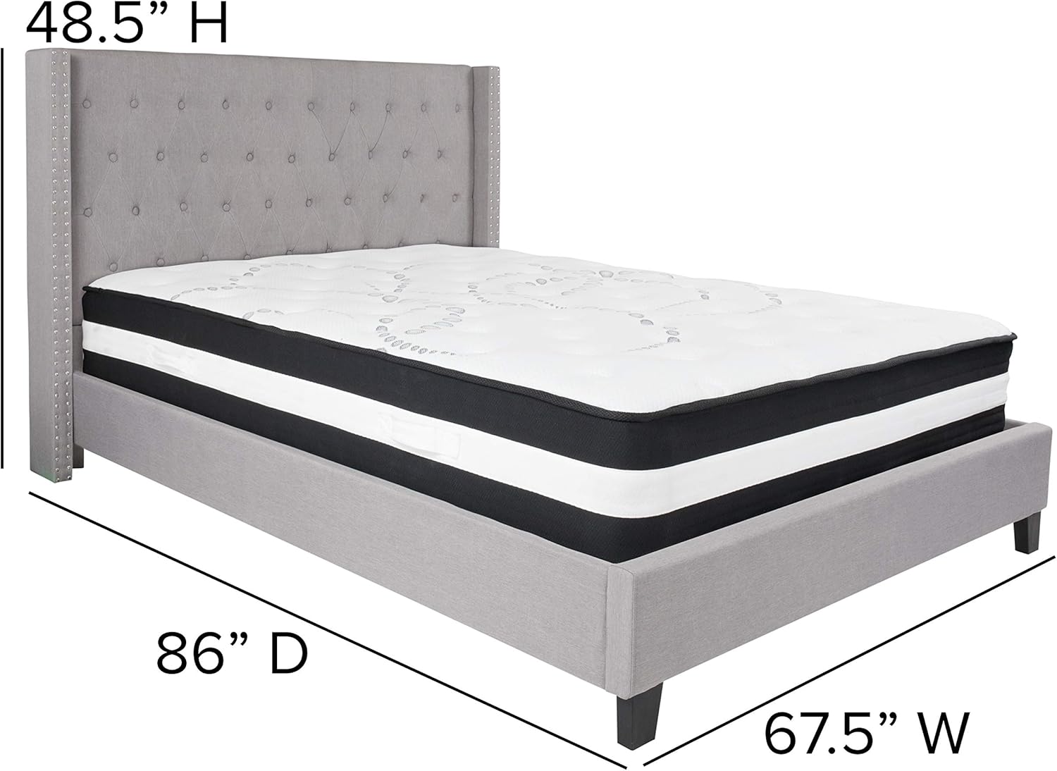 Flash Furniture Riverdale Queen Size Tufted Upholstered Platform Bed in Light Gray Fabric with Pocket Spring Mattress