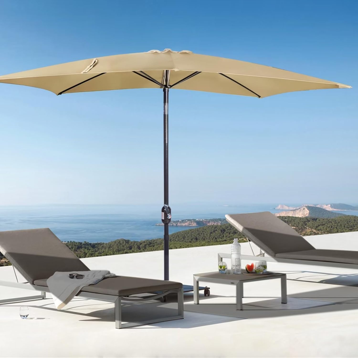 6.5x10ft Rectangular Patio Umbrella, Outdoor Market Table Umbrellas with Heavy Duty Pole, UV Protect Umbrella with Push Botton Tilt & Crank Ideal for Garden, Deck, Lawn, Backyard & Pool, Beige