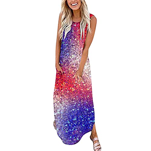 Women Short Summer Dresses Women Casual Printing Loose Long Dress Crisscross Sleeveless Split Maxi Dress Summer