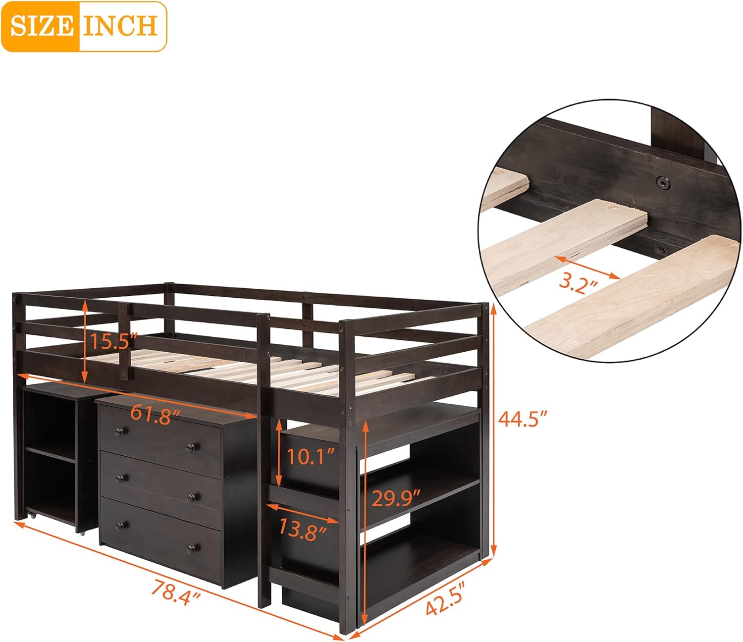 Twin Size Wooden Loft Bed Frame with Cabinet, Rolling Portable Desk, and Storage Shelves - Versatile Solution for Kids and Teens