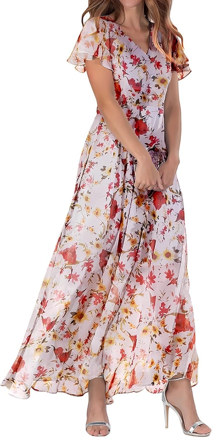 Summer Dresses for Women 2024 Boho Floral V Neck Sundress Casual A-Line Maxi Dress Vacation Beach Flowy Long Dress