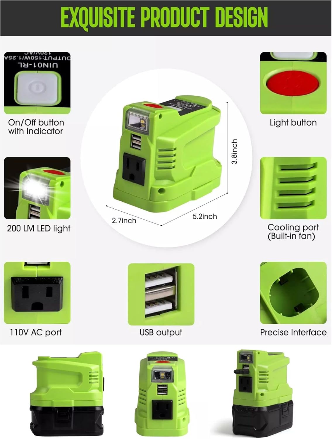 Alian for Ryobi Power Inverter,for Ryobi 150 Watt Powered Inverter Generator,Portable Power Source for Ryobi 18 Volt Lithium Battery,for Ryobi USB Charger Adapter,Convert 18V to110V 120V