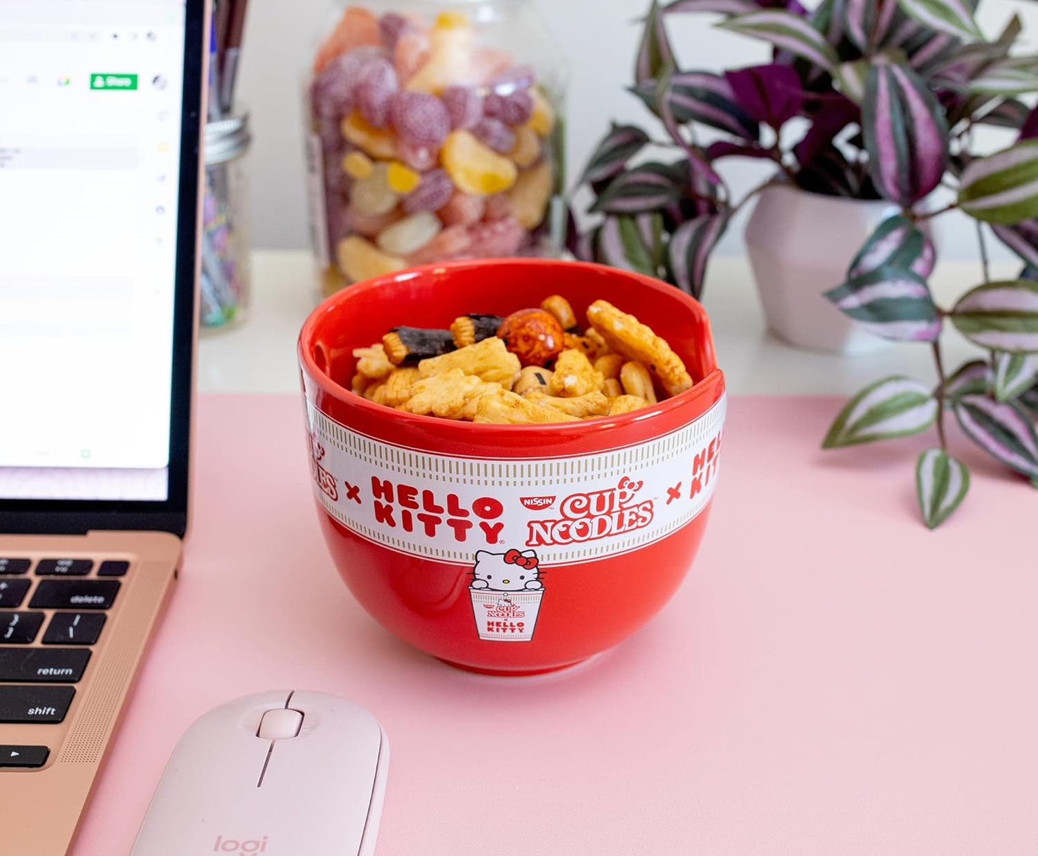 Silver Buffalo Sanrio Hello Kitty x Nissin Cup Noodles Red Ceramic Dinnerware Set | Includes Ramen Noodle Bowl and Wooden Chopsticks