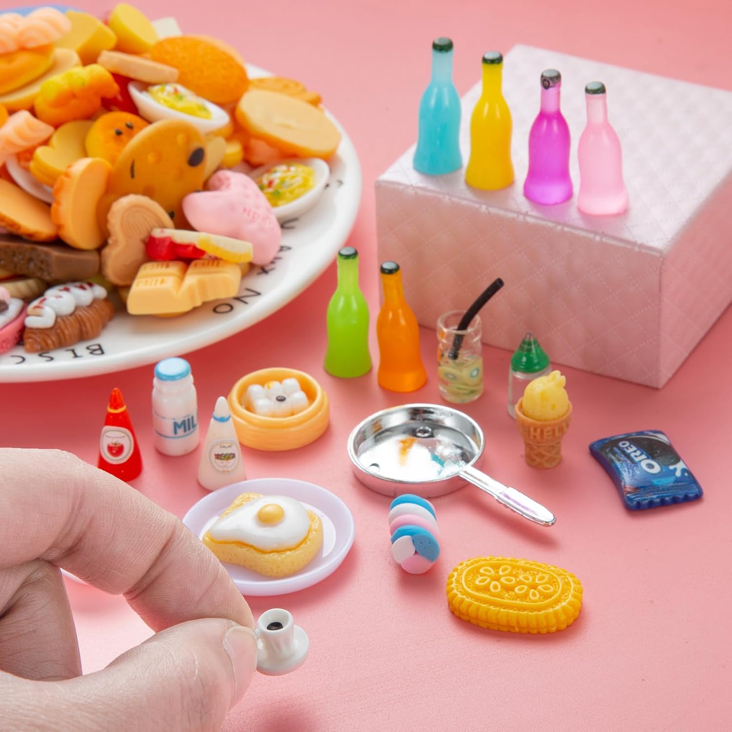 200Pcs Dollhouse Miniature Food Drinks Bottle Cooking Toys Kitchen Accessories Mini Play Fake Resin Pretend Game Party Tableware Bread Cake Ice Cream 1/12 Doll House Landscape