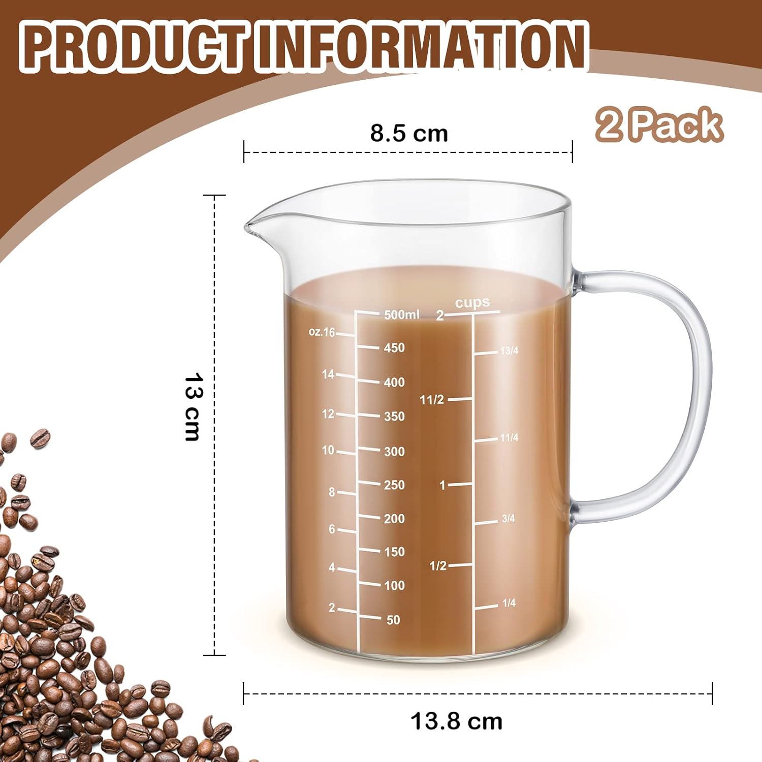2 Pcs Glass Measuring Cup with Insulate Handle V Shaped Spout High Borosilicate Glass Measuring Cup Three Scales OZ Cup ML for Kitchen Restaurant Home Easy to Read (16 Oz, 2 Cup, 500 Ml)