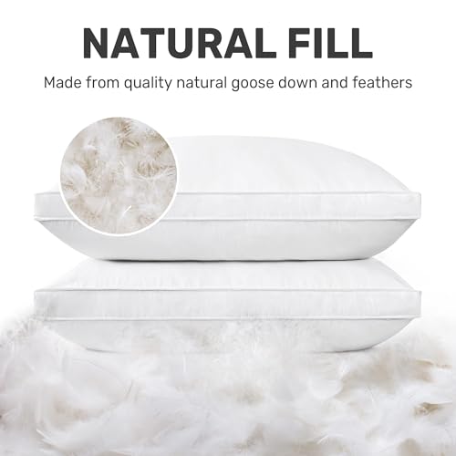 Goose Down Feather Pillows with 100% Cotton Cover, Gusseted Bed Hotel Collection Pillows for Sleeping, King Size, Set of 2
