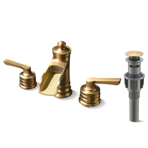 Fapully Brushed Nickel Bathroom Sink Faucet, Waterfall Bathroom Faucets 3 Hole, 8 Inch Widespread Bathroom Faucet with Pop-up Drain, 2-Handle Faucet for Bathroom Sink Vanity RV