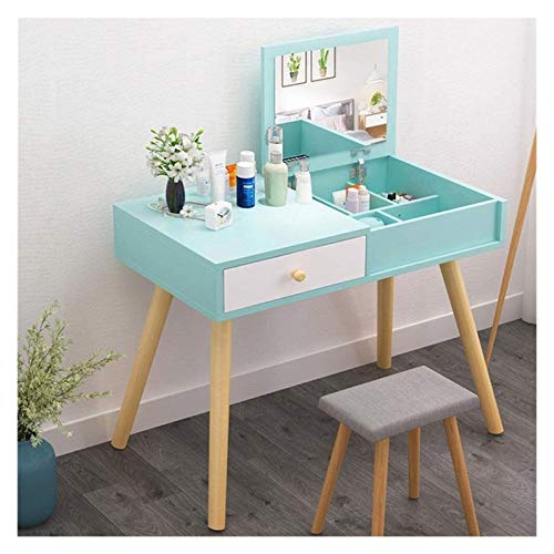 Luxury Dressing Vanity Table w/Stool for Bedroom, Vanity Sets with Bench and Mirror, Makeup Vanity Table Set Simple Modern Dressing Table Computer Desk Mini Modern Makeup Cabinet(Blue)