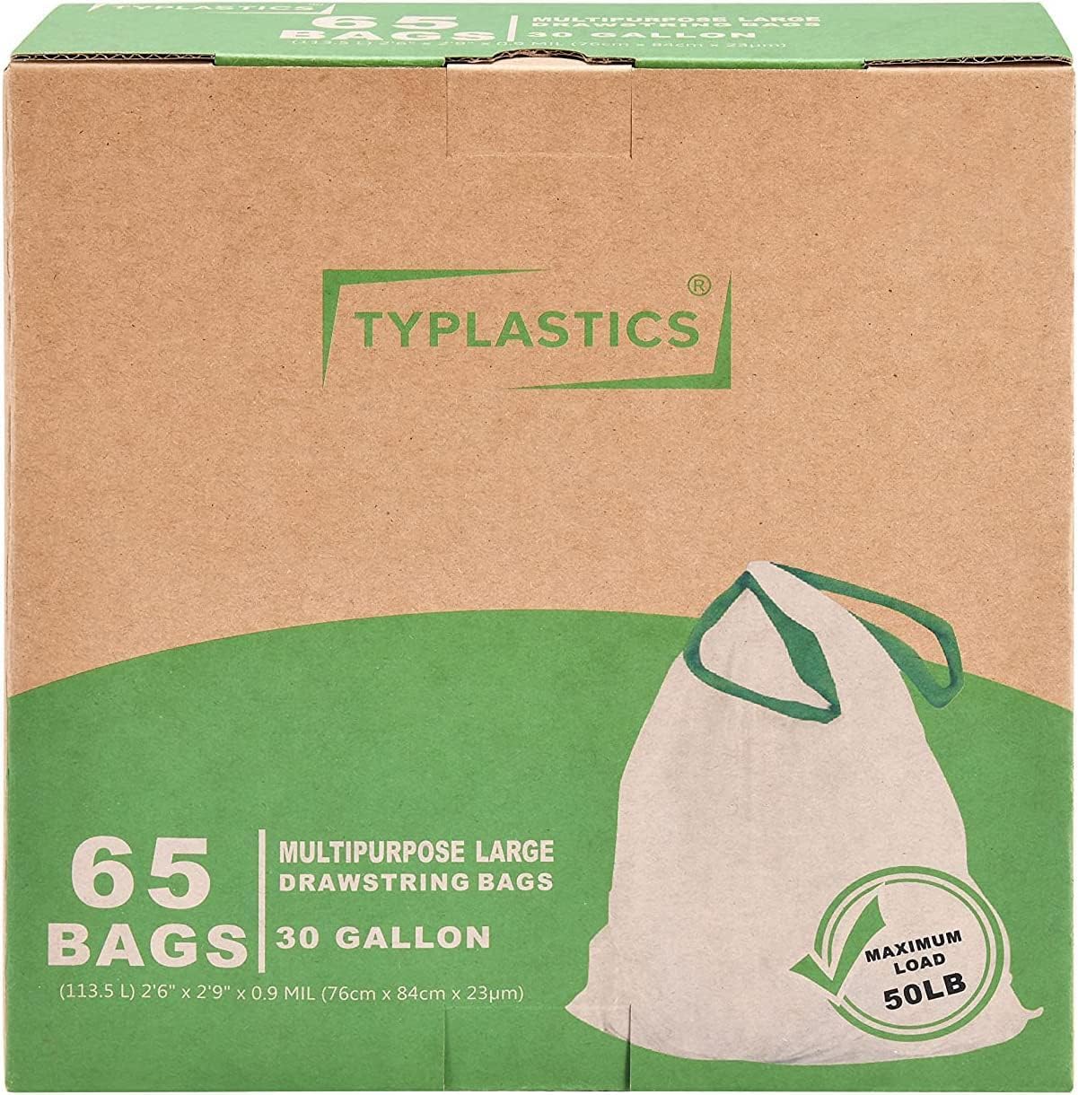 Drawstring Trash Bags, 30 Gallon Multipurpose Heavy Duty Garbage Bags, 65 Count