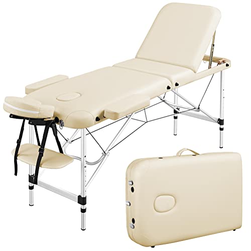 Topeakmart Portable Massage Table Aluminum Massage Bed Spa Bed Therapy Table Collapsable Treatment Table Height Adjustable Salon Bed 84 Inch 3 Fold, Cream