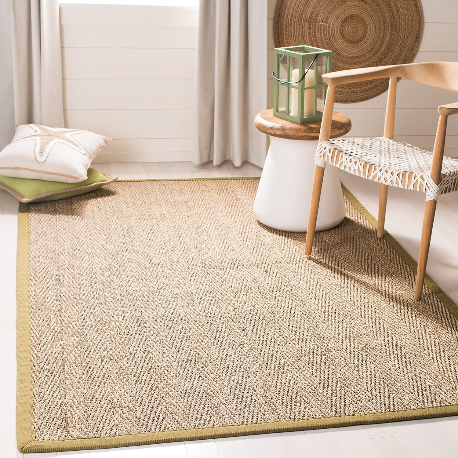 SAFAVIEH Natural Fiber Collection 6' Square Olive NF115G Border Herringbone Seagrass Area Rug