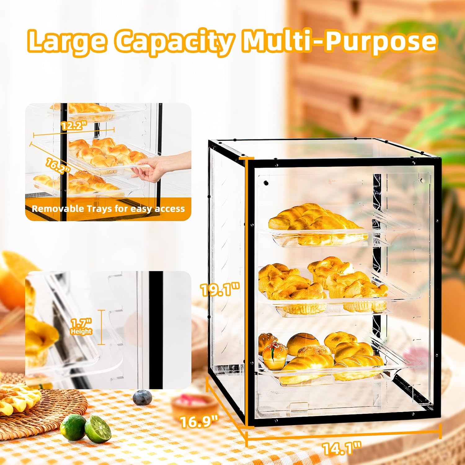 RULA Bakery Display Case, 3-Tier Removable Shelves Pastry Display Case, Acrylic Display Box with Magnetic Door, Counter Case to Keep Fresh for Donuts, Bagels, Cakes, Cookies