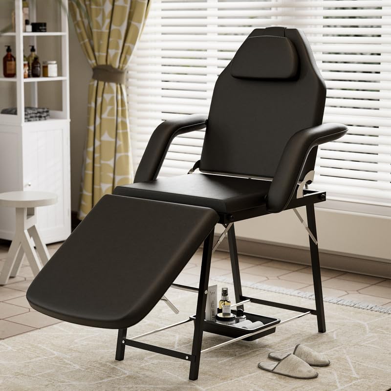 Portable Tattoo Table Foldable Spa Chair Travel Massage Bed with Tray and Carrying Bag, Removable Headrest, 3-Section Adjustable, 72 Inch, Black