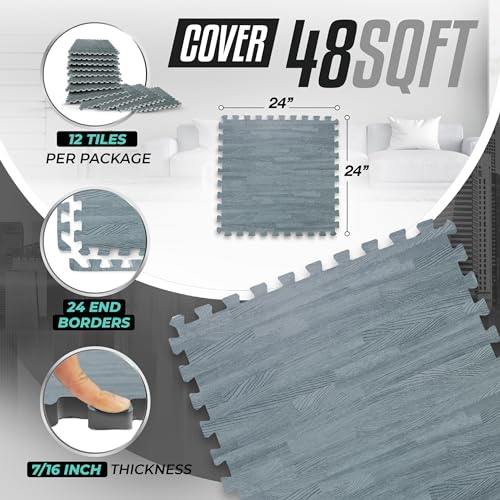 Yes4All 48SQ.FT Wood Grain Puzzle Exercise Mat Protective Flooring, EVA Interlocking Foam Floor Tiles with Border for Home